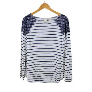 Chicos Size 3 XL Top T-Shirt Casual Lace Shoulder Detail Blue White Stripe